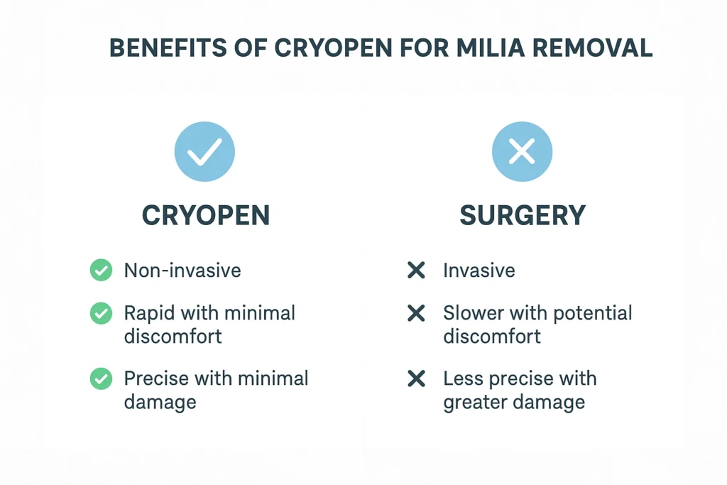 Benefits of cryopen for milia removal Walsall compared to surgical treatments.