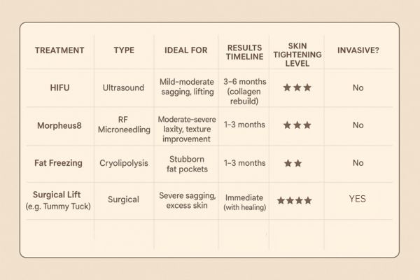 Table showing the comparisons of Skin tightening Walsall treatment options.